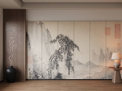 现代新中式背景墙 水墨山水背景墙 木格栅装饰墙 新中式床头墙 禅意软装墙饰 素雅艺术背景