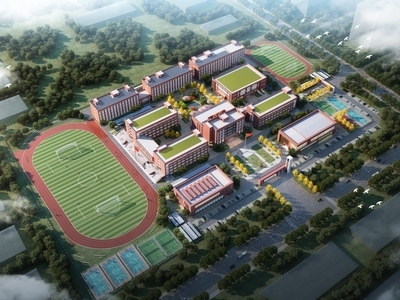 现代学校外观 现代学校鸟瞰图 学校大门 图书馆教学楼