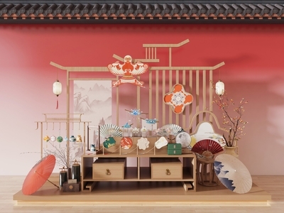新中式中式美陈 中式非遗文化美陈 头饰发簪朱钗首饰 中式货架橱窗美陈 市集商场活动摊位 囊香袋纸鸢扇子