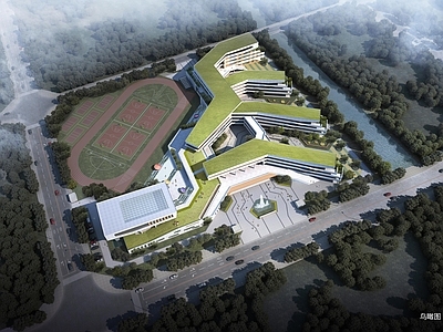 现代简约学校建筑 学校操场 教学楼学校 中小学 教育建筑