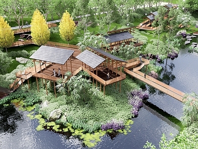 新中式现代滨水景观 滨水景观 传统廊架 坡屋顶 山地景观 城市地域性滨水景