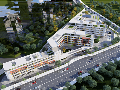 现代小学 现代轻奢流线学校 校园景观运动场 屋顶退台绿化 白色建筑