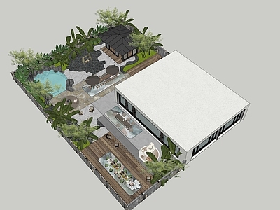 现代新中式别墅庭院 现代酒店