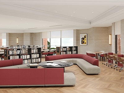 现代美式图书馆 学校阅览室 高校图书馆 阅览桌书架