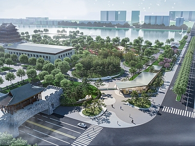 现代新中式景观公园 公园 儿童活动 入口景观 廊架