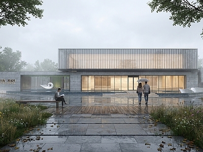 现代极简餐饮建筑 U型玻璃会所庭院