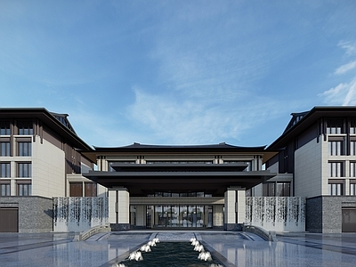 新中式禅意酒店建筑 温泉酒店建筑 多层酒店建筑 酒店大门