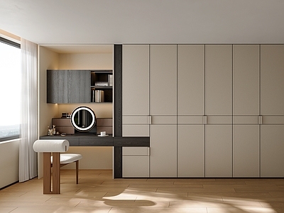 意式极简衣帽间 主卧衣帽间 皮纹衣柜 梳妆台衣柜一体 插入式设计