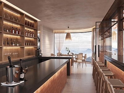 现代侘寂茶餐厅 异域风情餐厅 咖啡酒吧台 折叠窗 酒柜 调酒餐吧