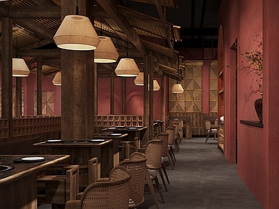 现代复古火锅店 火锅店散座 中式竹木结构围挡 陶土砖卡座 复古餐桌椅灯具装