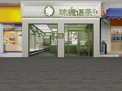现代新中式奶茶店 奶茶店门头 饮品桌椅 吧台