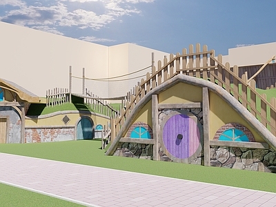 现代教育校园景观 霍比特小屋 原木攀爬 现代钢结构攀爬架 滑索 大摆锤