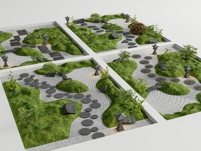 新中式庭院花园 庭院小品 汀步 绿岛 枯山水 石头 植物组合