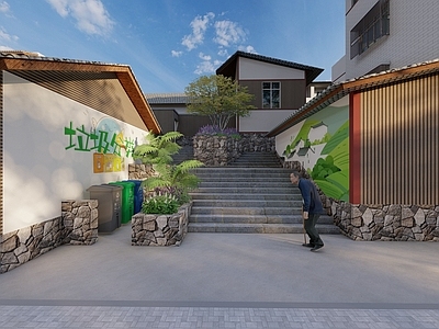 新中式住宅区景观 街道景观花池