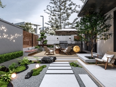 现代别墅庭院花园 小品 植物组合 景墙围墙 烧烤架
