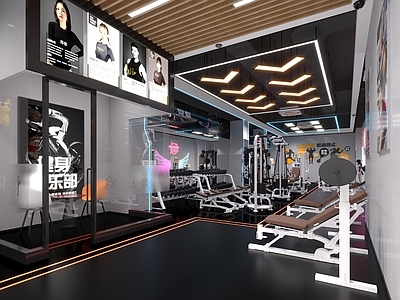 现代工业健身房 工业风健身空间 智能灯光健身房 器械组合健身区 潮流软装健身房 黑调健身场馆