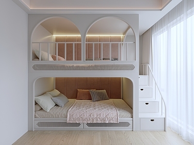 现代奶油上下床 奶油风儿童上下床 拱形设计床具 储物梯级上下床 软包靠背床 亲子卧室床