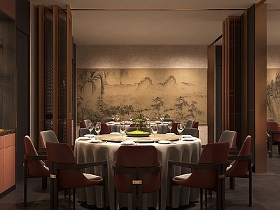 现代新中式中餐厅 宴会厅大厅 连通隔间 折叠移门隔断 备餐柜餐桌椅 山水装饰画墙布
