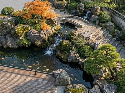 新中式禅意别墅庭院 新中式禅意庭院 新中式自然庭院 新中式禅意山水 新中式水景鱼池 中式禅意石桥叠水