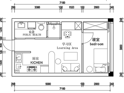 现代其他工装空间 寝室单人间平面图 施工图