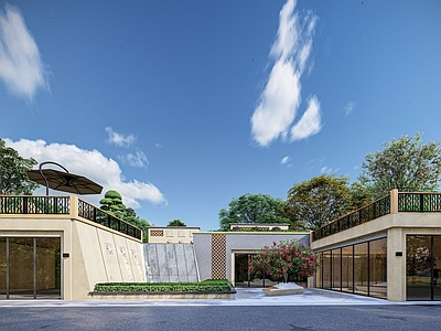 现代办公园区景观 下沉景观 镜面水 现代花池 瀑布 景墙