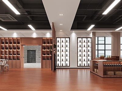 现代新中式酒馆 酒展厅 新中式隔断 酒柜展示区 酒展柜