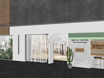 工业奶茶店 小清新轻食店招门 灰色系 店铺精工立面 座椅吧台 植物搭配