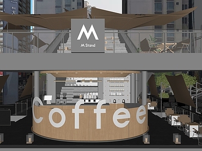 现代咖啡厅 网红咖啡店 圆形吧台 屋顶商业氛围 座椅外摆 阶梯景观