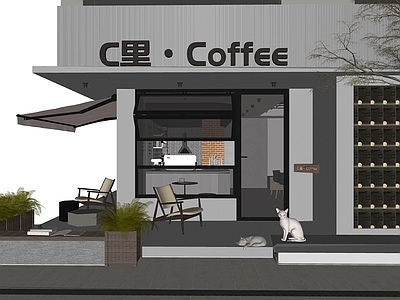 现代咖啡厅 工业风咖啡店 灰色系店铺店招 外摆散座 转角商业