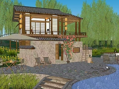 新中式现代木屋 乡村田园茶咖 自然景观咖啡屋 农村小院 田园休息观景亭