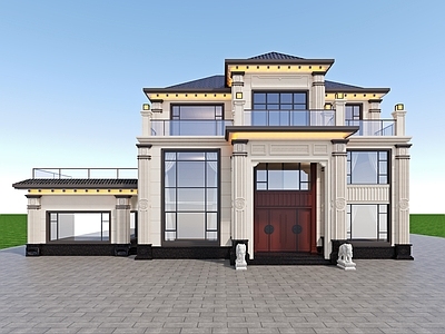 新中式别墅外观 新中式别墅外立面 别墅外立面