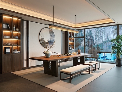 新中式茶室 新中式茶室 茶桌椅组合 矮凳 茶室背景