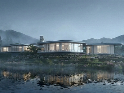 现代极简餐饮建筑 玻璃幕墙山水会所