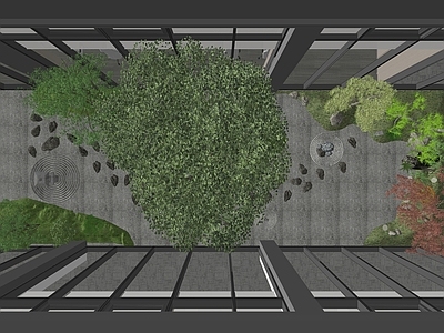 新中式办公园区景观 办公中庭天井景观 枯山水 置石 汀步 植物搭配