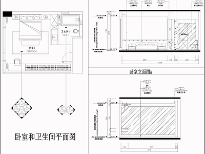 现代卧室 卧室立面图 卧室平面图 卧室卫生间 卧室与卫生间布局 墙面节点 施工图