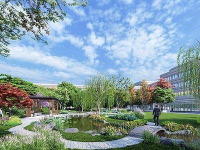 中式简约办公园区景观 中式景观 简约 水景 地形道路 庭院