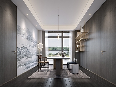 新中式茶室 书桌 落地灯 装饰架 书架