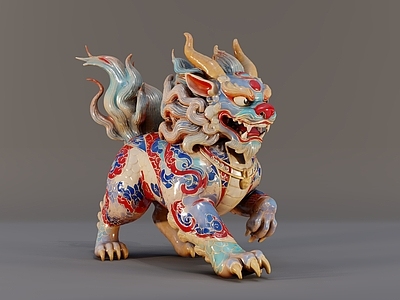 新中式中式雕塑摆件 新中式彩绘麒麟 中式吉祥瑞兽 珐琅彩摆件