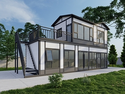 新中式工业木屋 金属雕花板移房屋 新中式钢结构民宿 轻钢别墅 集成房屋办公楼 轻钢斜顶集装箱房