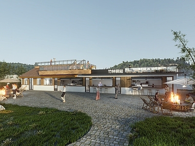 现代新中式风格建筑 现代建筑 驿站 书屋咖啡 庭院网红建筑