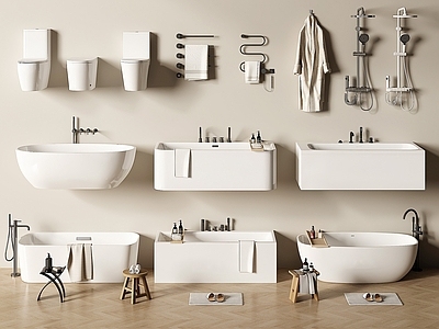 奶油风浴缸 浴缸 马桶 花洒 毛巾架