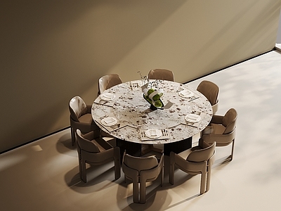 意式极简餐桌椅 大理石餐桌 圆餐桌 皮质餐椅