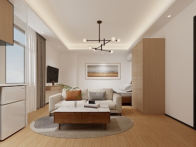 日式原木风公寓 公寓沙发 床 装饰画 电视柜