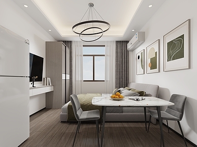 现代简约公寓 公寓餐桌 床 电视柜 冰箱 装饰画