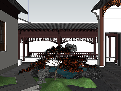 新中式中式别墅庭院 四合院 中式庭院 别墅庭院 庭院设计