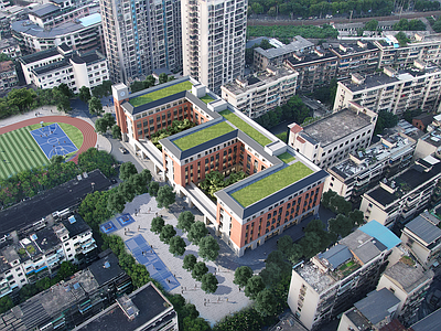 新中式高中 新中式学校建筑 红砖风格 精神堡垒 院落