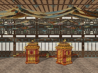 中古复古寺庙建筑 轿子组合 寺庙大堂空间 佛教寺庙大厅