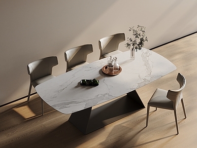 意式极简餐桌椅 大理石餐桌 皮质餐椅 六人桌