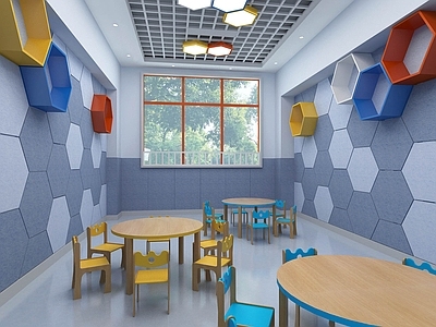 现代简约（儿童空间）幼儿园 科技室 幼儿园功能教室 幼儿园桌椅 组合置物架 六边形墙面装饰