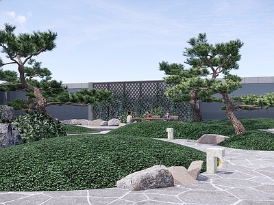 日式新中式别墅庭院 日式庭院 屋顶花园 松树